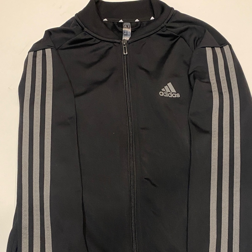 Black Adidas zip-up with grey stripes
